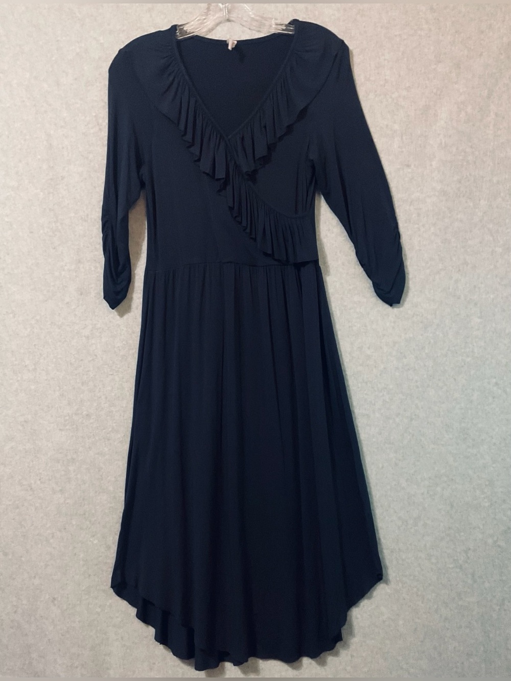 Yemee Made in USA Ruffle V-Neck Faux Wrap Midi Dress Navy Blue Sz S